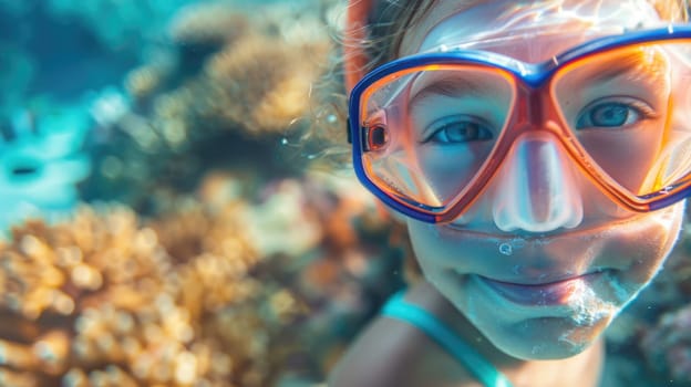 A young girl with diving equipment and a mask is exploring the underwater environment, swimming in the ocean to observe marine organisms and practice underwater diving AIG50