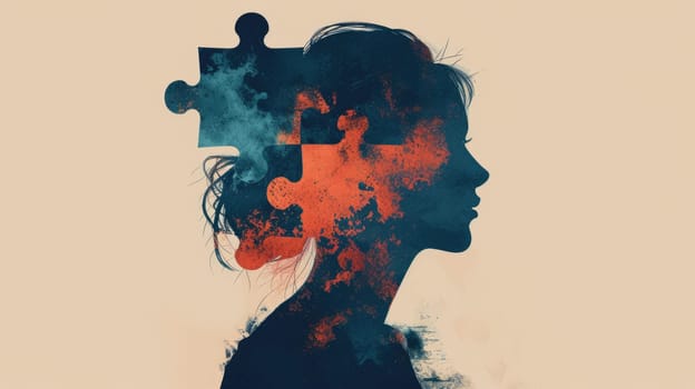 Silhouette of beautiful woman standing side view with jigsaw. Abstract close up portrait of attractive female with double exposure of jigsaw puzzle represented feminist, mystery, imperfect. AIG42.