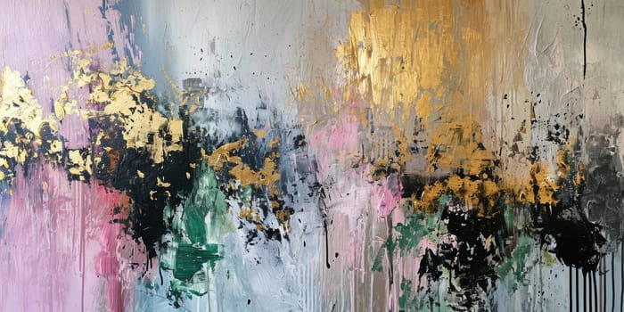 The abstract picture of the gold, pink and green colour that has been painted or splashed on the white blank background wallpaper to form random shape that cannot be describe yet beautiful. AIGX01.