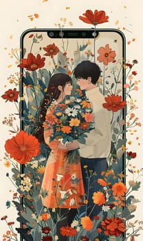 A man and a woman embrace in front of a cell phone, surrounded by flowers, showcasing a creative arts product. Petalfilled sleeves add to the flower arranging rectangle, creating a happy moment