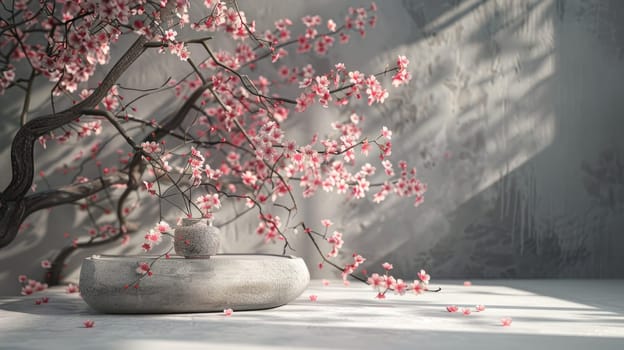 A photo of a beautiful cherry blossom tree with a stone basin filled with water. AIG51A.