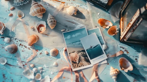 A circular wooden table adorned with aqua seashells and a picture of a beach scene. The combination of natural elements and coastal imagery creates a soothing and inviting atmosphere in the room AIG50