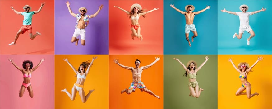 Summer people collection set, diverse people jumping on colorful background, many people funny jump wearing summer outfit fashion ready for swim and summer activity, summertime, beachwear AIG48