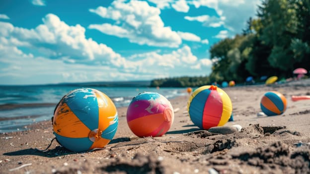 Three colorful beach balls are scattered on the sandy shore, inviting people to enjoy leisure and fun by the water. A perfect scene for a beach event or recreational activity AIG50