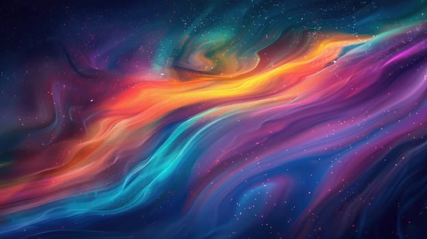 An artful computer generated image showcasing a vibrant rainbow in the sky, featuring shades of purple, violet, pink, magenta, and electric blue reflecting in the water with clouds in the background AIG50