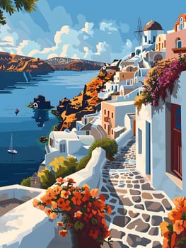 A picturesque Greek village by the azure sea, with colorful flowerpots and blooming flowers adorning the buildings, under a sky filled with fluffy clouds, perfect for travel enthusiasts