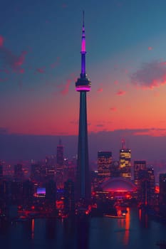 The Toronto skyline at sunset is a stunning sight with the CN Tower in the foreground, against a purple sky and reflecting in the water