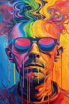 The comic colourful picture of the short hair male adult human head and has been wearing sunglasses with straight face yet picture fill with various colour that make picture fill with emotion. AIGX01.