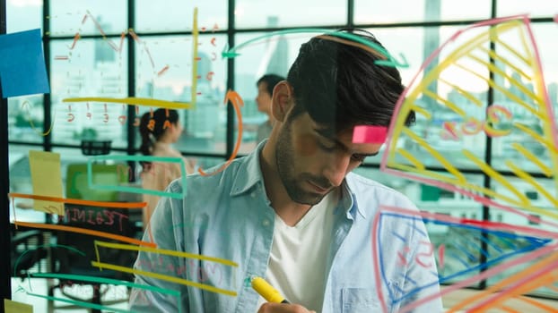 Professional businessman uses sticky notes at glass wall with graph to brainstorming idea while multicultural businesspeople discussing about marketing ideas at office with city view. Tracery