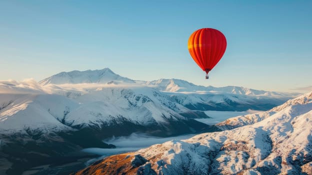 Hot air balloon floating over snow mountain with copy space area