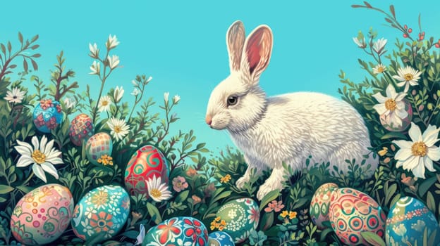 Fluffy big brown rabbit with brown fur sitting near easter egg with colorful pattern scattering around the garden. Cute bunny standing while surrounded with forest at warm day at spring season. AIG42.