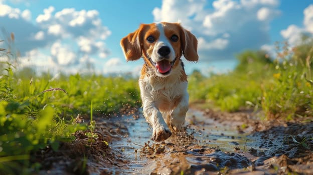 A dog is running through mud and water, with its tongue out.