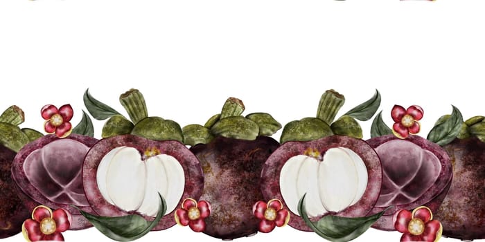 Mangosteen fruit watercolor illustration. Tropical fruit border hand drawing isolated on white background. Botanical clip art composition of asian food garcinia. Realistic mangostana frame for designing menus of Thai and vegetarian restaurants and recipes