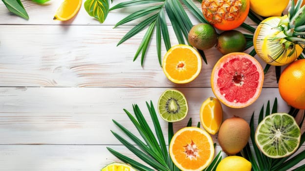 A diverse selection of tropical fruits and leaves displayed on a wooden table, perfect ingredients for creating exotic cuisine dishes and natural food recipes AIG50