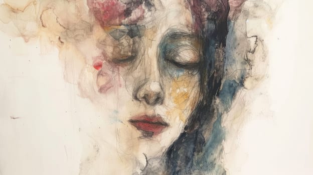 Portrait of relaxing young beautiful woman drawing and painting with watercolor and ink. Abstract modern art of female or girl face blending and drafting with color pencil. Famine and beauty. AIG42.