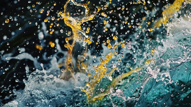 A close up of rain drops falling into a puddle, capturing the beauty of water and reflecting the natural landscape like grass and terrestrial plants AIG50
