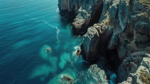 A stunning aerial view of a cliff by the ocean, where the fluid water meets the natural landscape, creating a picturesque and tranquil scene under the open sky AIG50