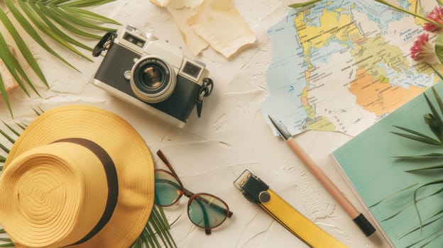 Artistic arrangement of a backpack, hat, camera, book, and map on a table. The visual arts composition includes patterns and textures, creating a unique and aesthetic display AIG50