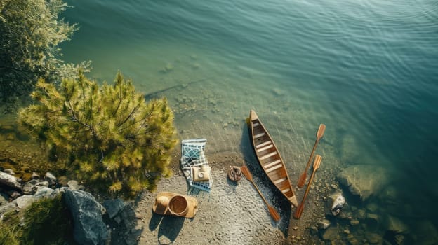 An aerial view of two boats peacefully floating on the serene lake surrounded by natural landscape with trees, grass, and other terrestrial plants AIG50