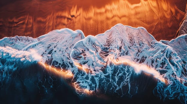 A breathtaking aerial view of a wave crashing against a mountain at sunset, showcasing the unique combination of water, heat, and geological phenomenon in the natural landscape AIG50