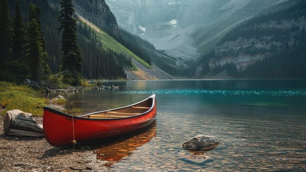 A red canoe is docked on the shore of a picturesque lake with majestic mountains towering in the background, surrounded by a serene natural landscape under a cloudy sky AIG50