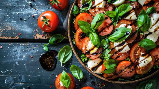 A fresh salad made with tomatoes, mozzarella, basil, and balsamic vinegar, served in a bowl on a wooden table AIG50