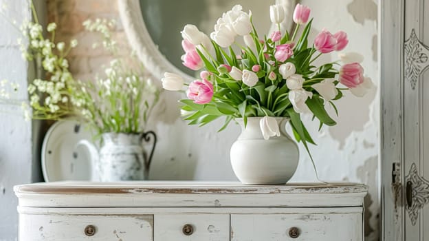 Spring flowers in vintage vase, beautiful floral arrangement, home decor, wedding and florist design