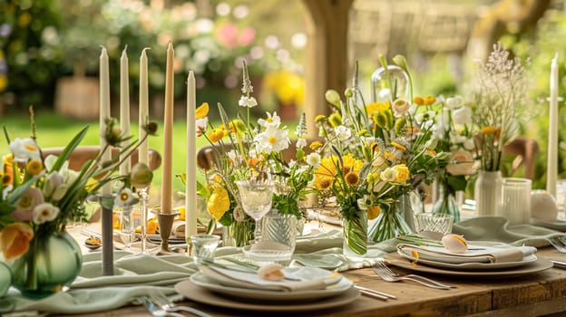 Easter tablescape decoration, floral holiday table decor for family celebration, spring flowers, Easter eggs, Easter bunny and vintage dinnerware, English country and home styling