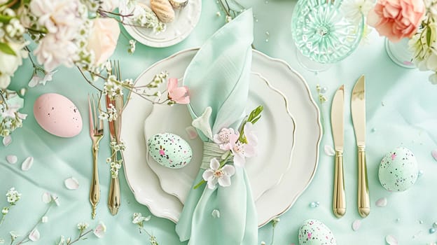 Easter tablescape decoration, floral holiday table decor for family celebration, spring flowers, Easter eggs, Easter bunny and vintage dinnerware, English country and home styling