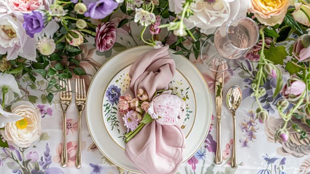 Easter tablescape decoration, floral holiday table decor for family celebration, spring flowers, Easter eggs, Easter bunny and vintage dinnerware, English country and home styling