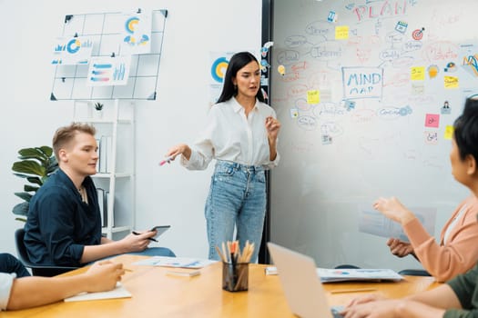 Young beautiful leader presents marketing strategy while expert investor and project manager lecturing to analyze business performance at start up business meeting. Multiethnic group. Immaculate.