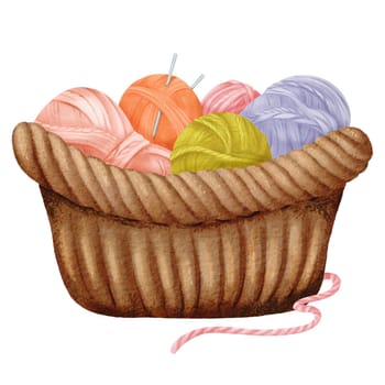 arrangement showcasing a woven basket adorned with multicolored yarn balls and knitting needles. Ideal for crafting enthusiasts, cozy home decor themes, or DIY-inspired designs. Watercolor illustration.