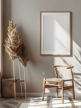 A cozy living room with a wooden chair and a elegant rectangle picture frame hanging on the hardwood wall. Natural materials like twigs add a touch of nature