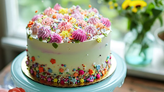 Birthday cake with candles and flowers on the table. Selective focus.