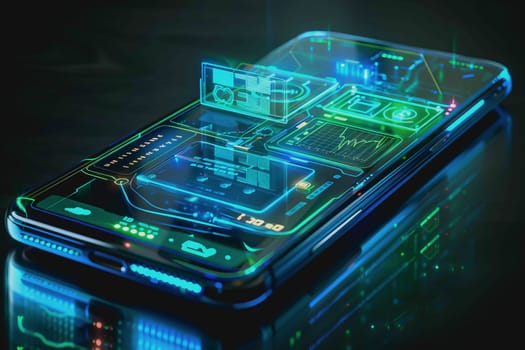 smartphone a transparent display shows user interface components, UX, UI, futuristic technology