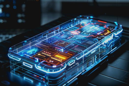 smartphone a transparent display shows user interface components, UX, UI, futuristic technology