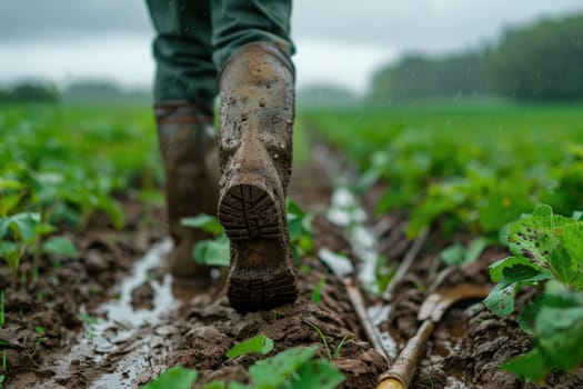 The close up picture of the farmer is walking inside the farm while wearing the dirty boots, the farmer require skill like soil knowledge, farm management, weather monitoring and the marketing. AIG43.