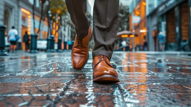 The picture of the person is working as business person and walking to work in street of the city, the businessman require skill like management, negotiation, marketing and the communication. AIG43.