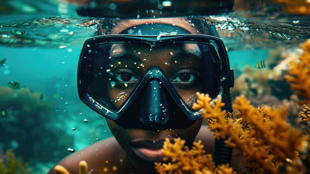 The picture of the diver is diving in the sea or ocean and wearing goggles and snorkel, the diver require skills like knowledge of the diving equipment and gear, buoyancy control and training. AIG43.