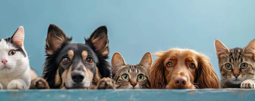 The picture of front view and close up of the multiple group of the various cat and dog in front of the bright blue background that look back to the camera with the curious and interest face. AIGX03.