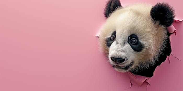 Close up view picture of the hollow pink hole on the the wall that show the panda stay inside the wall that has been made from some material yet still can be break to look through other side. AIGX03.