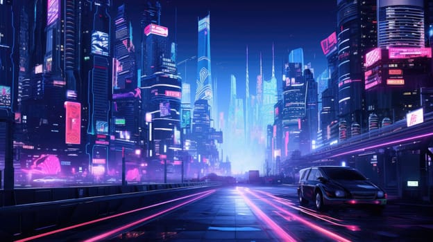 The picture of the neon night time futuristic cyberpunk scifi metropolis yet bright with neon light that fill everywhere of metropolis and fill with tall building and long roadway at night. AIGX01.