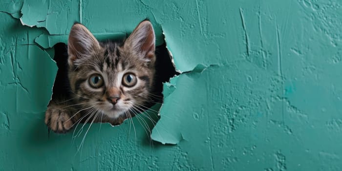 Close up view picture of the hollow green hole on the the wall that show the cat stay inside the wall that has been made from some material yet still can be break to look through other side. AIGX03.