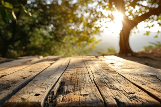 The picture of the wood table in the middle of the forest that surrounded with an uncountable amount of tree and plant in the forest with a bright light from the brightest sun of the daytime. AIGX03.