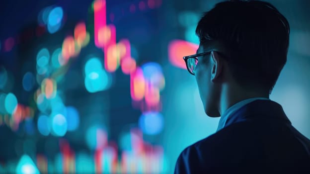 Investor sitting at night office while looking financial graph from desktop. Businessman analyzing stock market statistic chart while typing at keyboard and making decision for investment. AIG42.