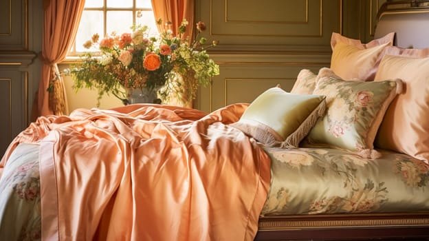 Bedroom decor, interior design and autumnal home decor, bed with silk satin bedding, bespoke furniture and autumn decoration, English country house, holiday rental and cottage style idea