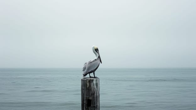 A Pelecaniformes bird with a long beak perched on a wooden post by the lake, gazing at the fluid water under the vast sky AIG50