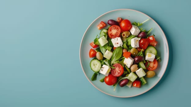 A colorful dish of salad made with fresh tomatoes, cucumbers, olives, and feta cheese displayed on a table AIG50