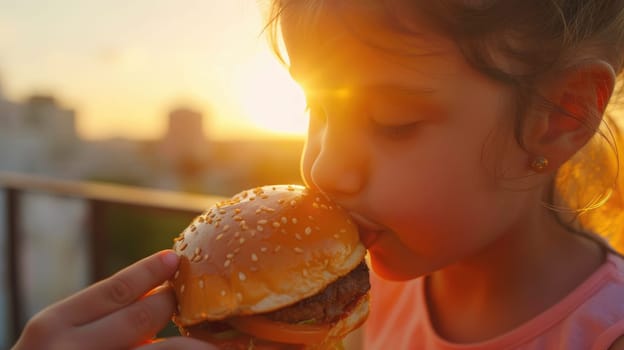 A young girl is enjoying a classic fast food meal of a hamburger with french fries. The staple food includes a bun, sandwiched with ingredients for a satisfying food craving AIG50