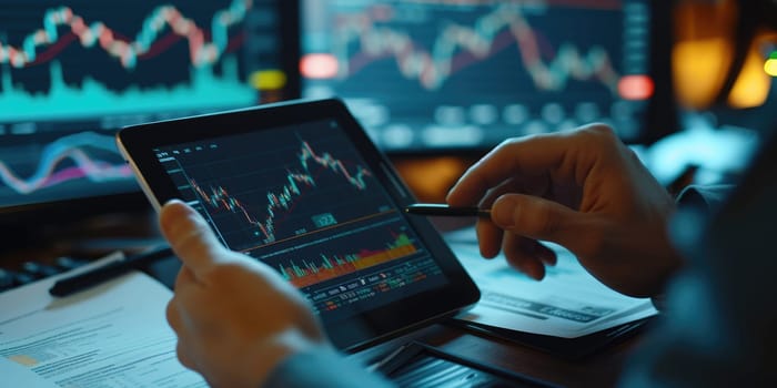 Close up of professional business man reading financial report by using tablet while making decision for investment. Skilled investor planning marketing strategy while checking at data analyze. AIG42.